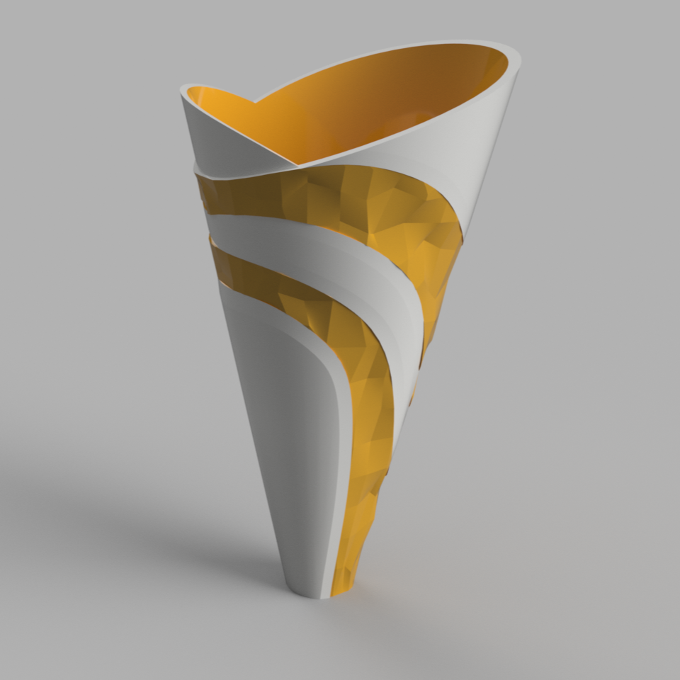 Rendu d'une coupe aux surfaces dorées et argentées, sur fond gris.